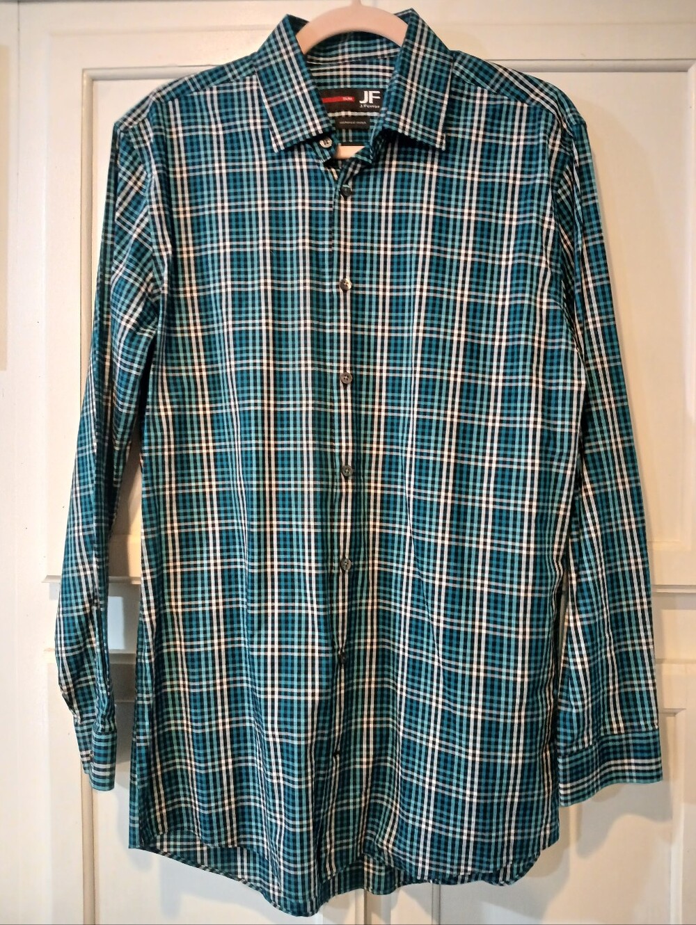 NWOT - JF J.Ferrar men's long-sleeve button-up shirt,  dark teal, black, white M